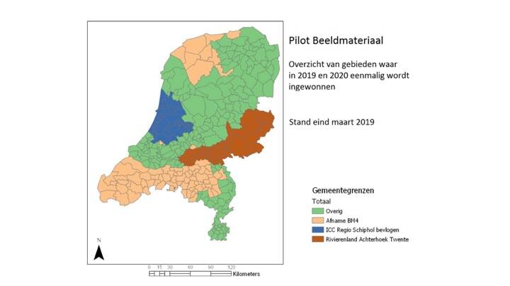 Kaart Nederland met gemarkeerde gebieden waar in 2019 en 2020 gezamenlijk en eenmalig luchtfoto's worden ingewonnen.